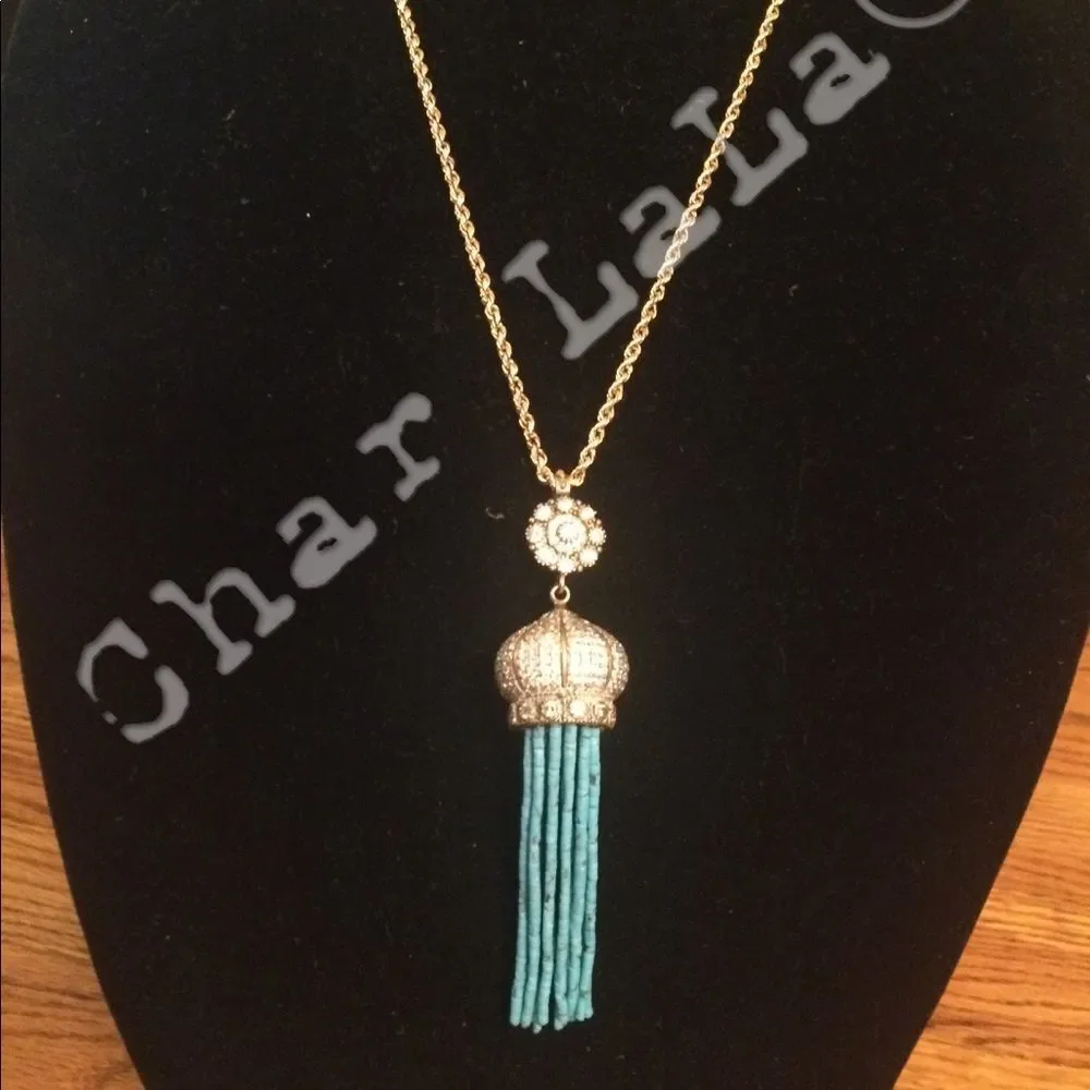 Pave Crystal Dome & Turquoise Tassel Necklace